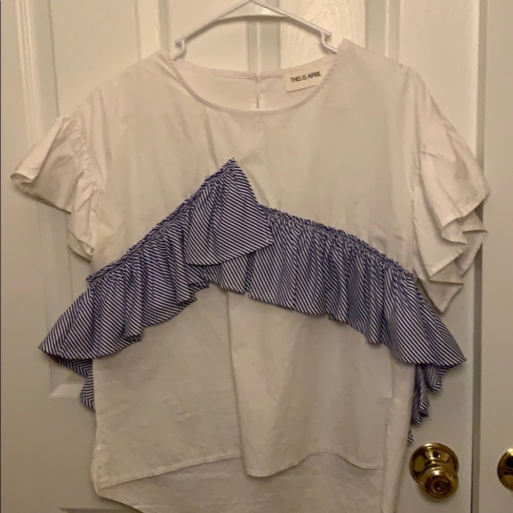 Blue and White Ruffle Blouse